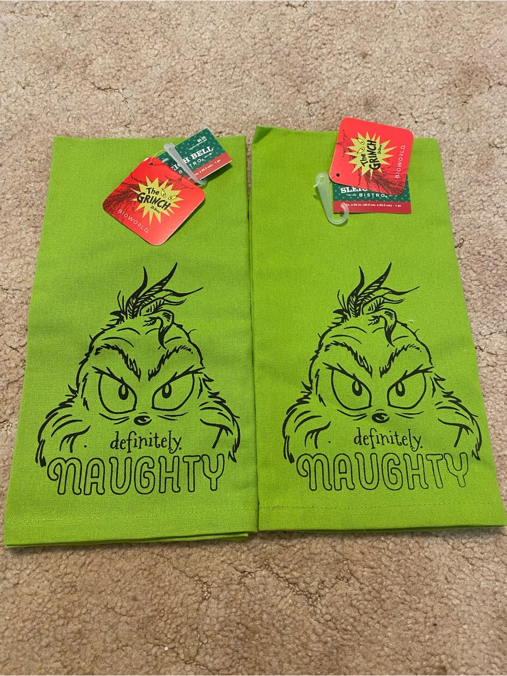 NEW - The Grinch 'Definitely Naughty' Green Holiday Towels - Set of 2